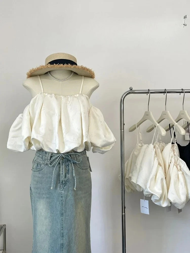 

Kawaii Puff Sleeve Camisole Women Korean Hotsweet Jacquard Vest Y2K Basic Casual Off Shoulder Beige Crop Tops Female Streetwear