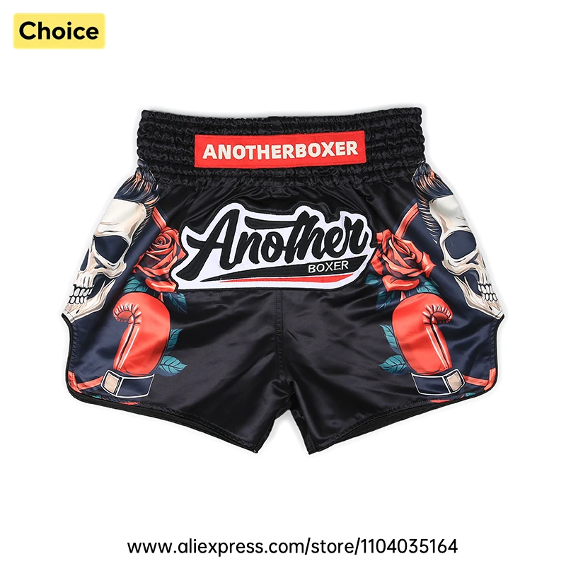 Muay Thai Shorts Men Women Skull Rose Boxing Shorts Satin Kickboxing Fight Trunks for Training Competition Sparring Gym Workout