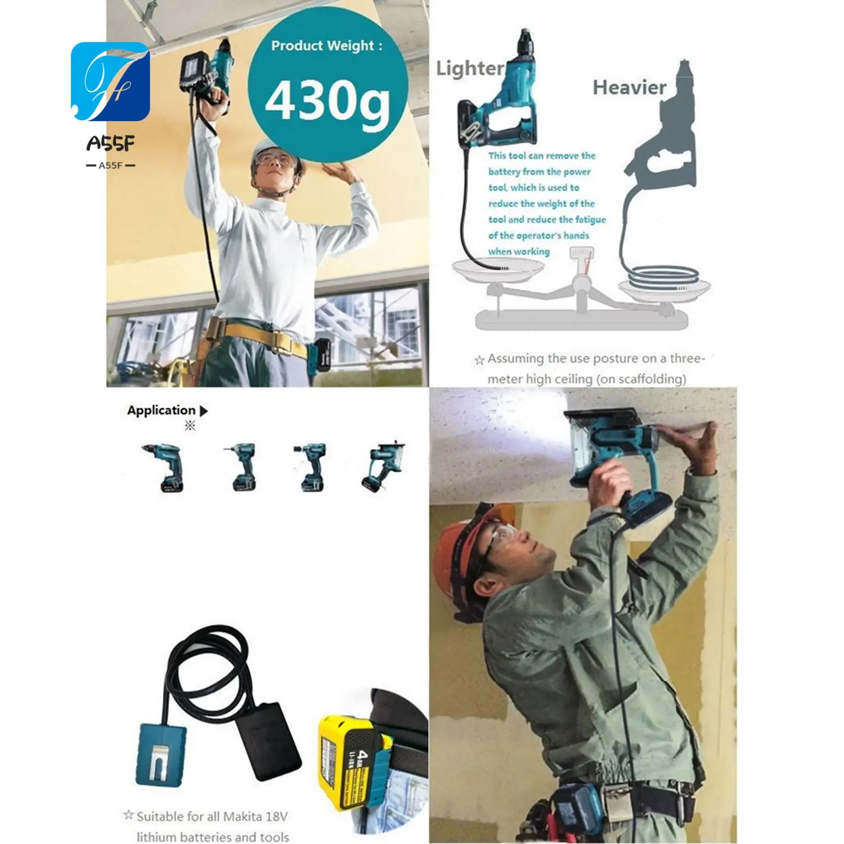 

A55F-Battery Extension Cord Tool Li- Battery Adapter Weight Reducer Suitable For 18V Lithium Batteries And Tools