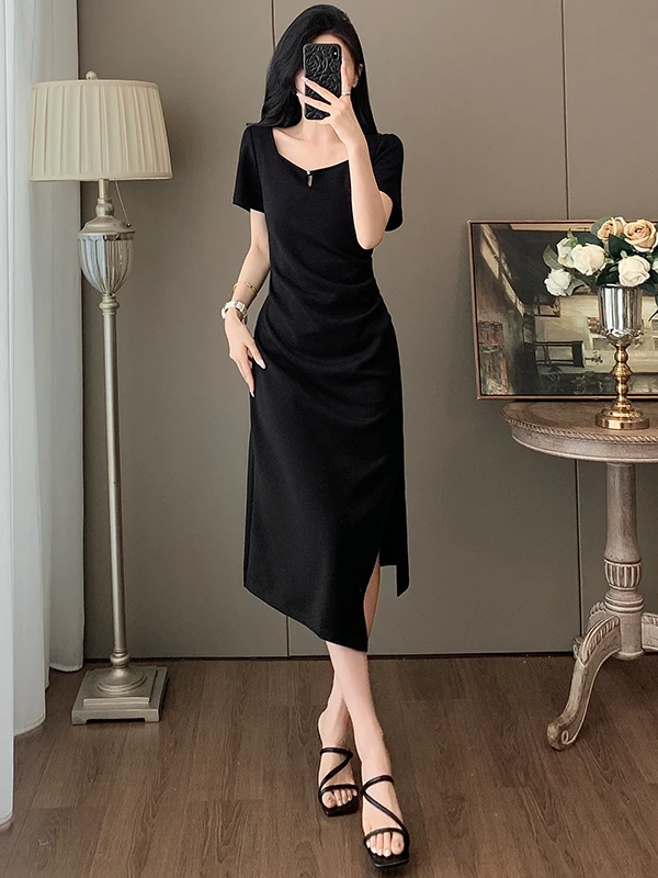 

Элегантное женское платье с эффектом утончения талии, французский стиль, А-силуэт, длинное, с коротким рукавом, летнее, новинка, модное платье