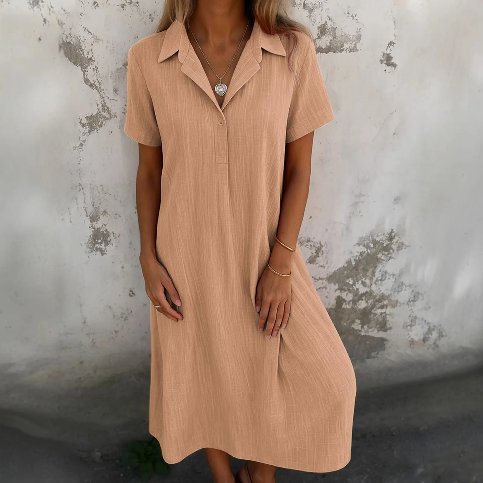여성용 루즈핏 코튼 린넨 V넥 셔츠, 중간 길이, 원피스 캐주얼, 우아한 롱 드레스, 2024