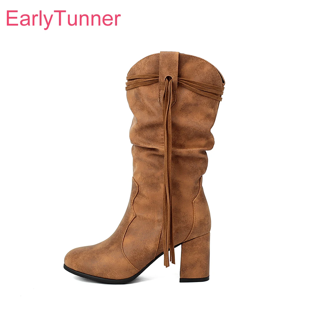 2026 Winter Classic Yellow Women Mid Calf Riding Boots Round Toe High Block Heels Lady Slouch Shoes Large Size 12 44 48