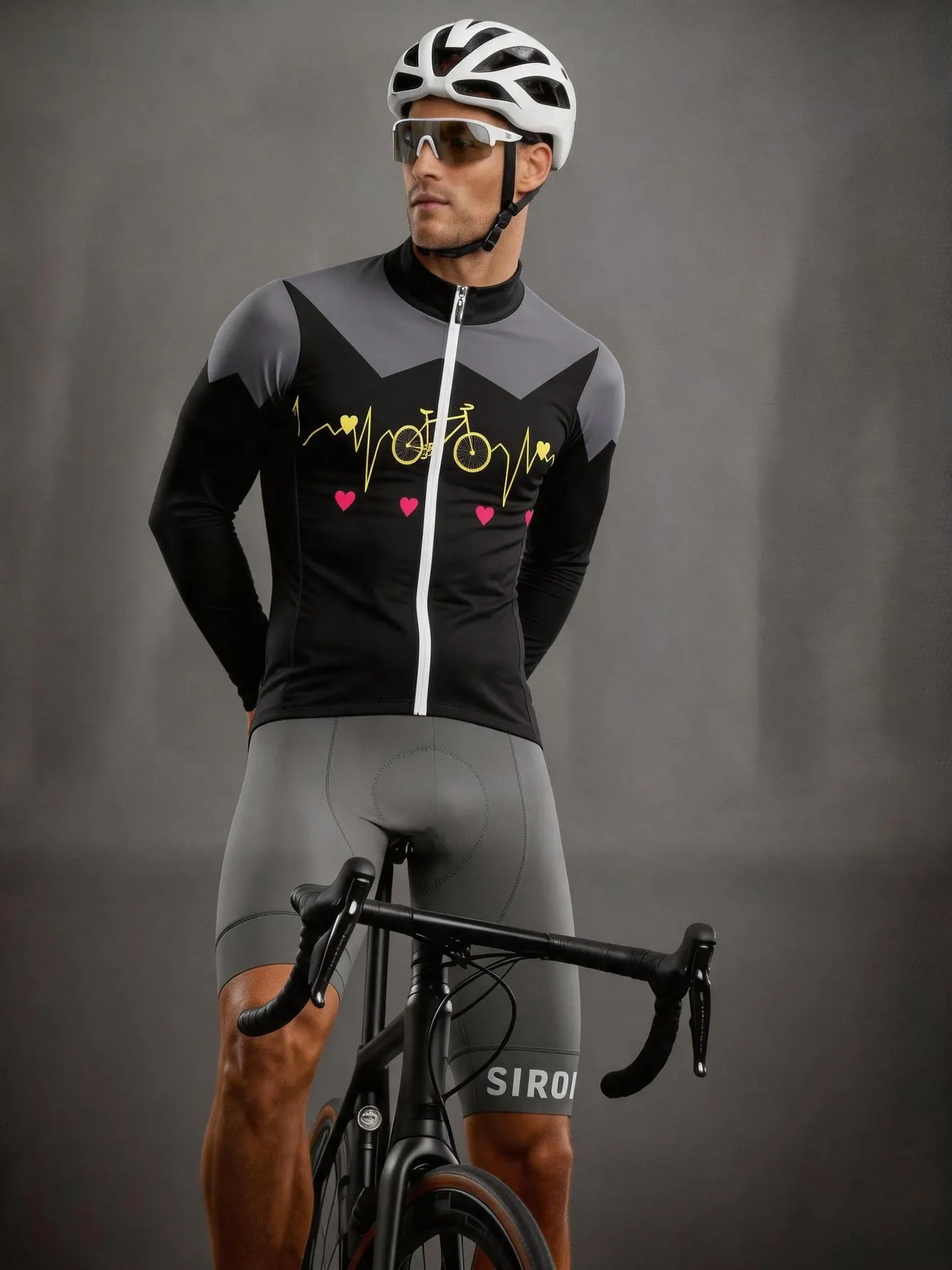 Road Cycling Long Sleeve Top Spring Autumn Black Grey Heartbeat Bike Heart Print Slim Fit Quick Dry Zipper Stand Collar Dynamic