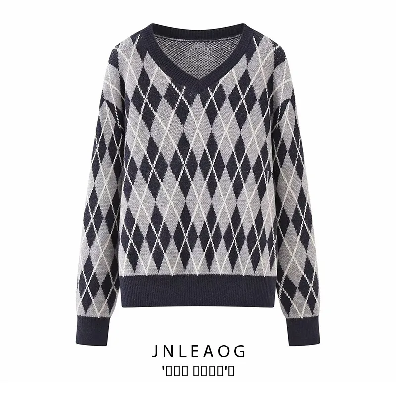 

JNLEAOG Autumn New Women's Faion Diamond Knitted Sweater Versatile High-End Feeling Loose Fit Long Sve Polyester Fiber