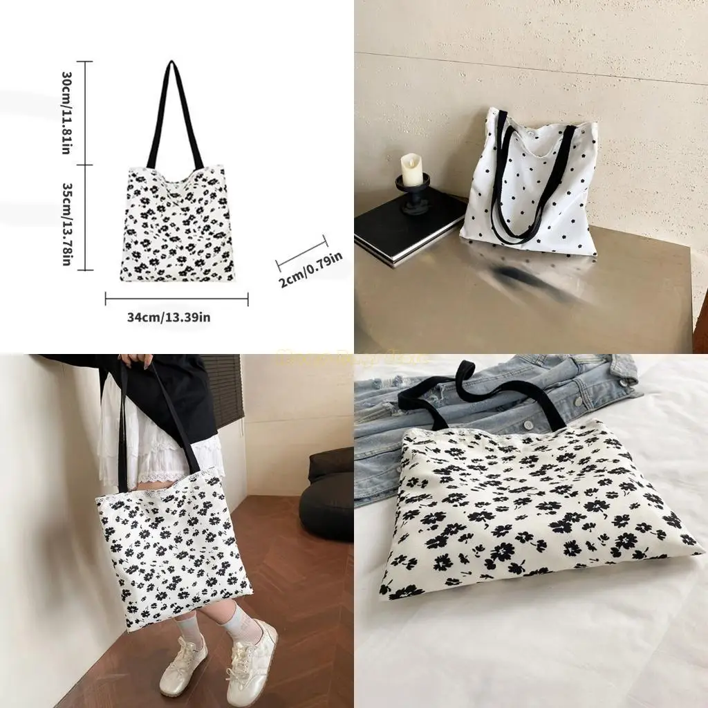 

X90D Floral Lace Trim Casual Underarm Bag Lightweight Handbag Practical Canvas Shoulder Purse For Women Girls