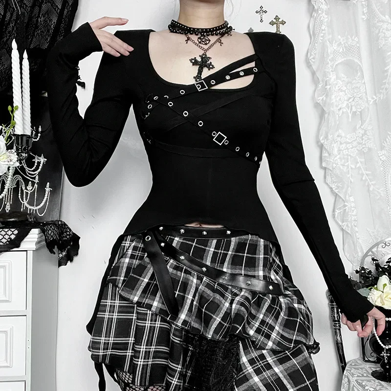 IMU Punk Rivet Sexy Long Sleeve T-shirts Mall Gothic Slim Black Asymmetrical Tops for Women Casual Tees Streetwear Y2K
