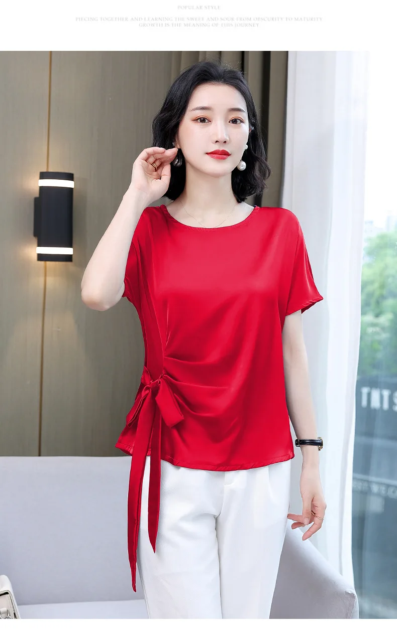 National style Short sleeved t-shirt for women loose tie up versatile decoration top