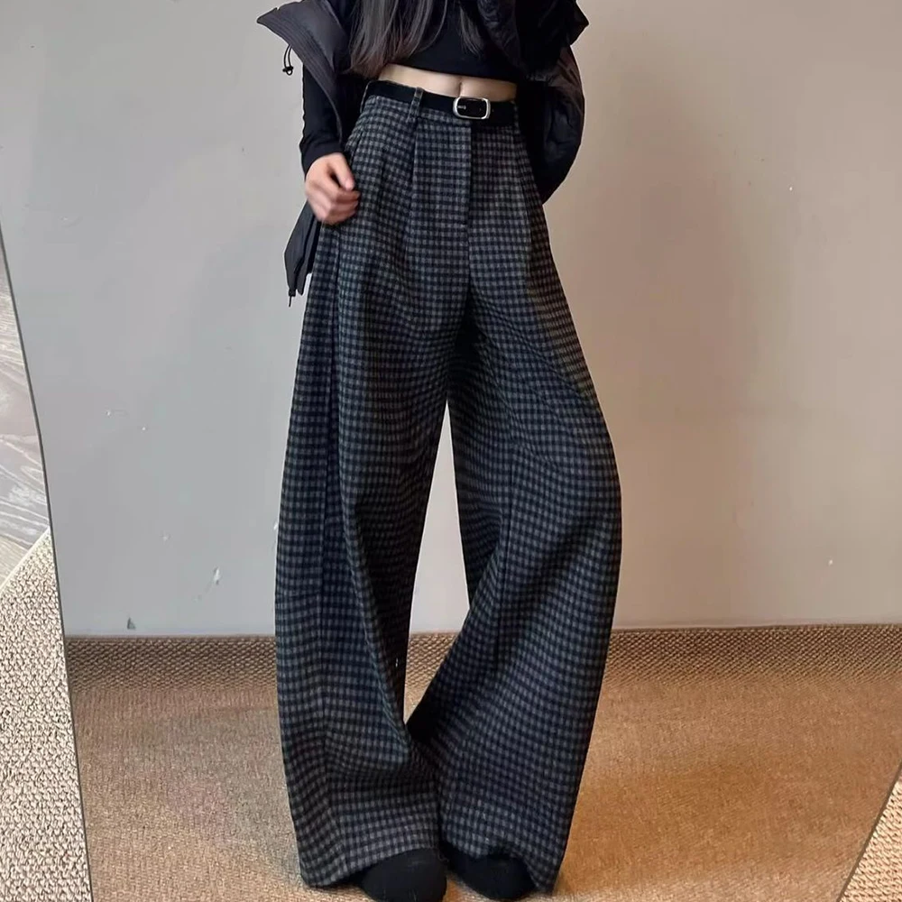 Black and gray plaid pants women's autumn and winter woolen scimitar pants high waist casual straight and thin wide-leg pants