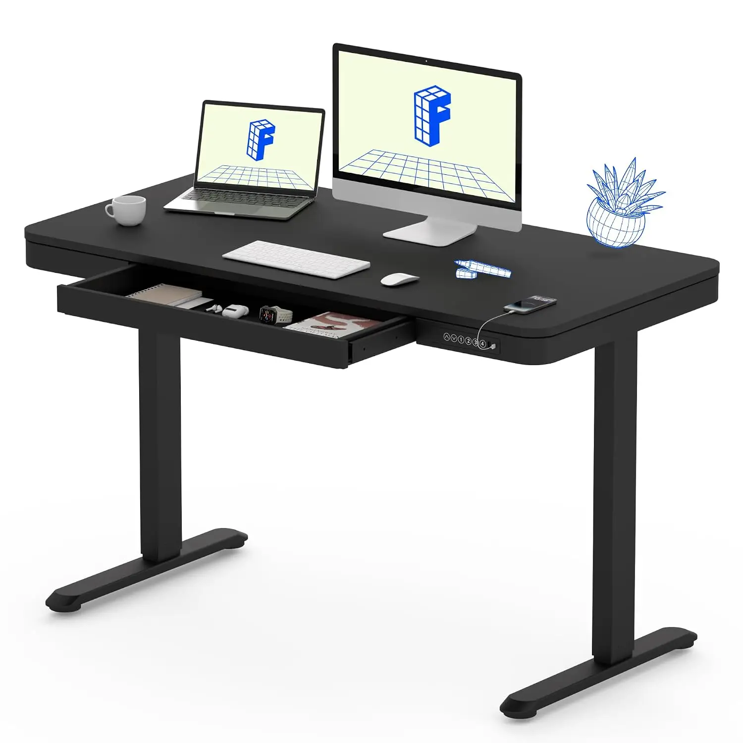 Electric Standing Desk with Drawers & USB Ports, Quick Assembly Height Adjustable Sit Stand Desk with Child Lock for Home Office