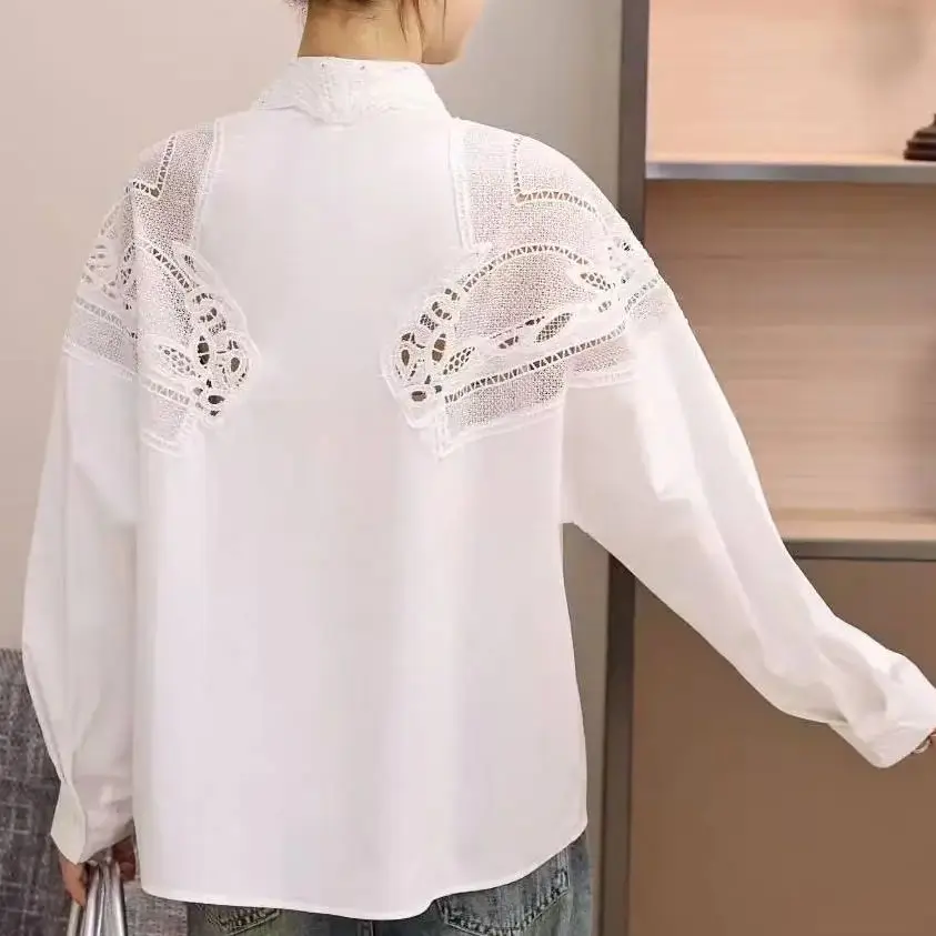 

New Trend 2025 Autumn Cotton Shirts Blouses Heavy Industry Embroidery Sequins Hot Drilling Long Sleeved Women's Tops