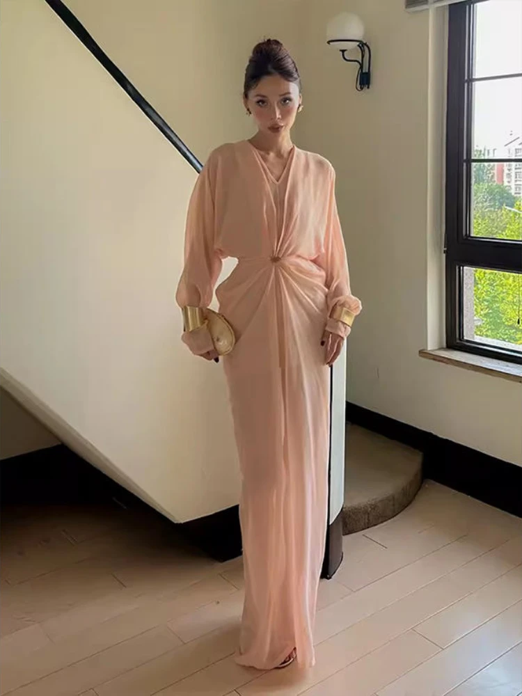 Solid Temperament Batwing Sleeve Dresses Women Bohemian V Neck Robe Femme 2024 Vestidos De Mujer Tunic A-line Pleated Maxi Dress