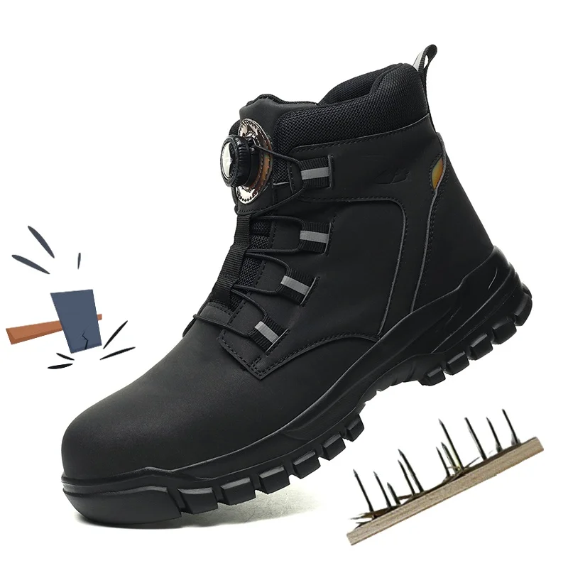 NEW Rotary Buckle Security Boots for Men Work Sneakers Leahter Non Slip Boots Steel Toe Shoes Safety Puncture-Proof Men Boots