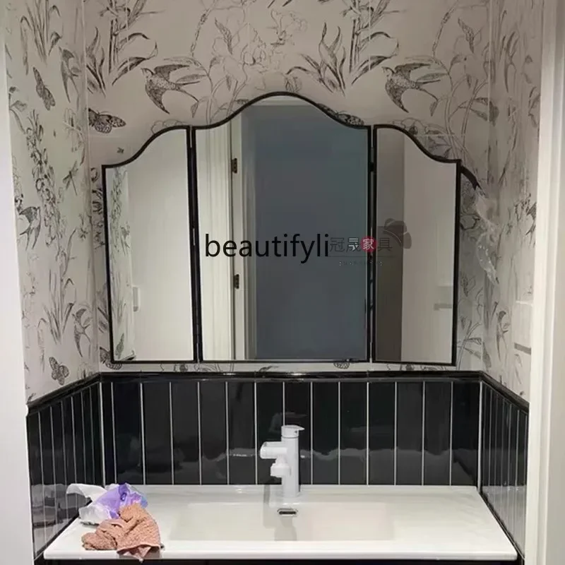cqyEuropean retro light luxury dresser makeup mirror tri-fold mirror living room bedroom decorative mirror