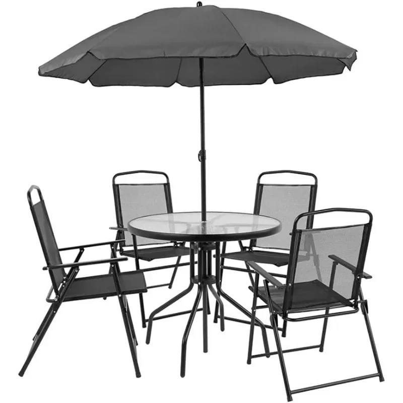 Flash Furniture Nantucket 6 Piece Patio Garden Table Set - Umbrella Table - Set of 4 Black Folding Chairs