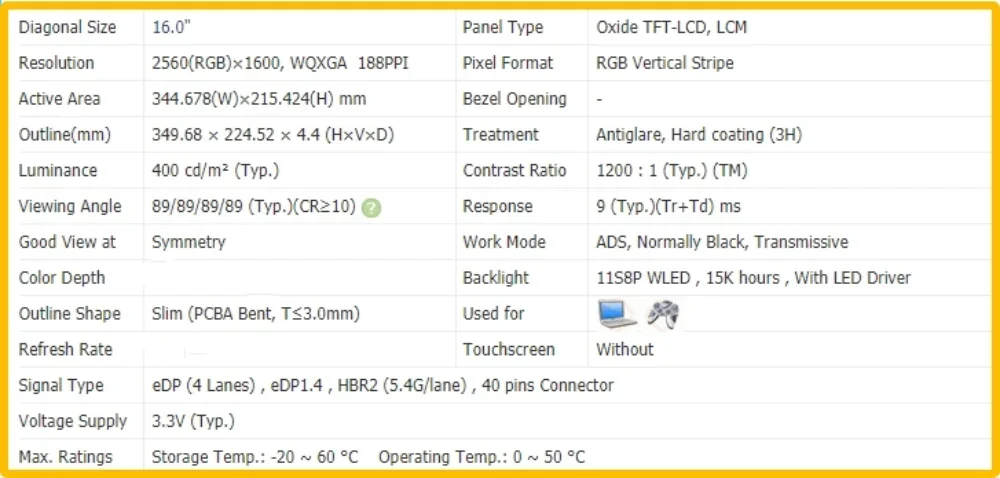 NE160QDM-NYG NE160QDM NYG QHD 25601600 16.0 inch Laptop Display LCD Screen IPS No-touch Panel