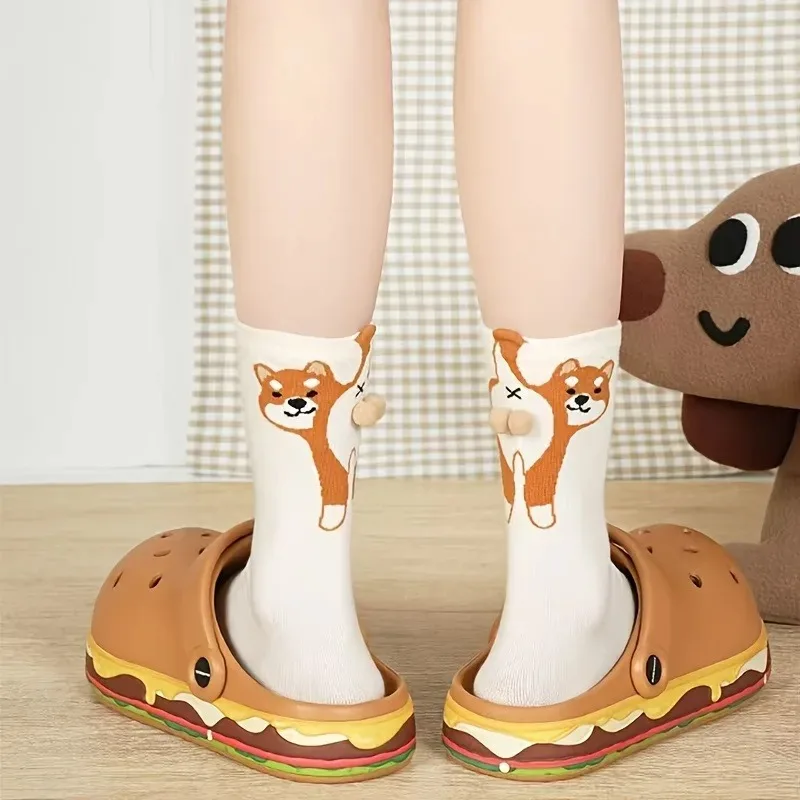1-4Pairs 3D Dog Print Mid Calf Socks Novelty Cartoon Puppy Design Cute Couple Cotton Socks for Women Men Spring Summer Fall