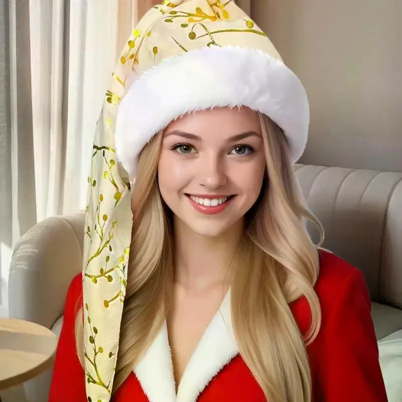Topi Natal Bermotif Bulu Halus dengan Trim Bulu Panjang, Topi Dekoratif Natal, Dekorasi Meriah
