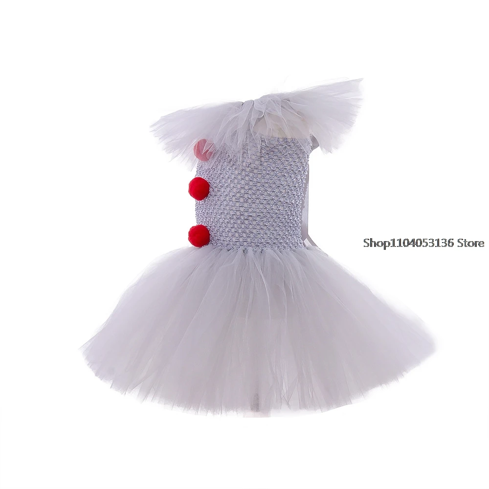 Halloween Girls Penny wise Tutu Dress Kids Cosplay Scary Gray Clown Costume Girl Carnival Party  Dress Up Clothing