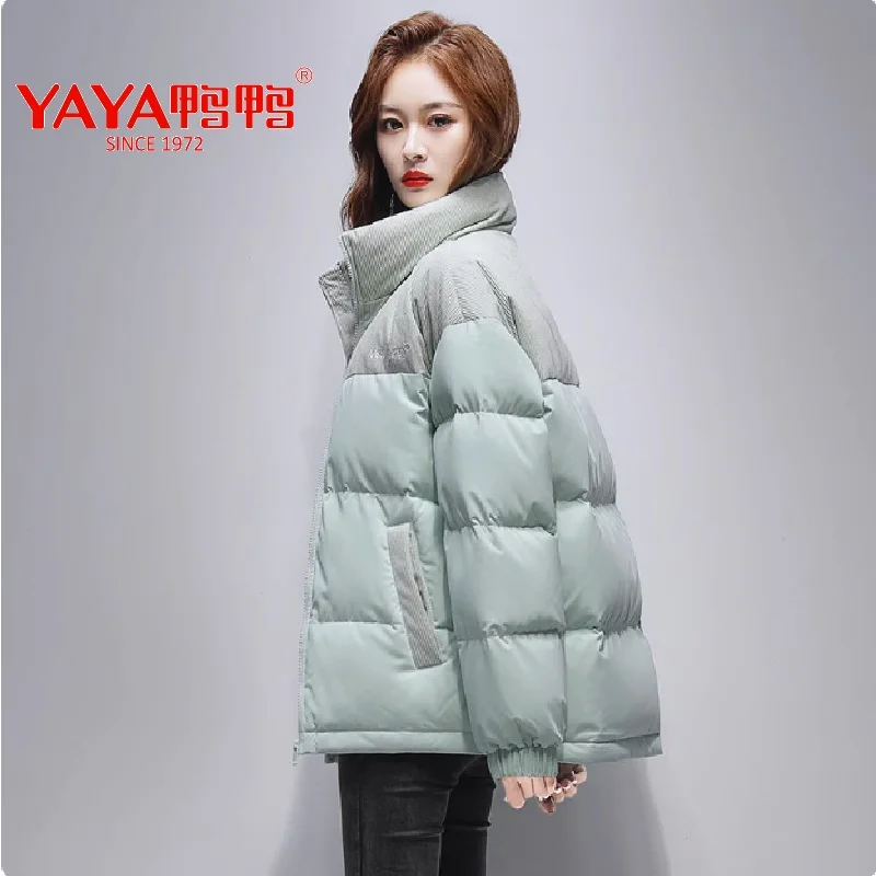 YAYA 2024 Winter Women Stand Collar Puffy Coat Loose Style 90% Short Thick White Duck Down Jacket Windbreak Outwear