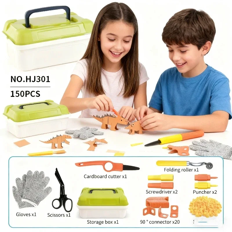 AT19-cardboard Tools For Kids With Cutter& Tool Box-150pcs Cardboard Construction Kit Ideal For Family& Team Activities New