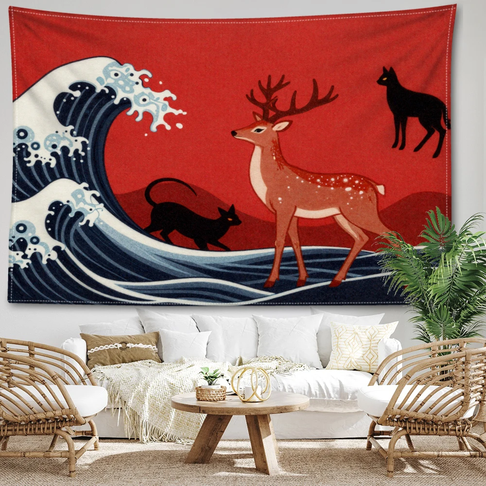 Red Ukiyoe Style Deer Cat Sea Wave Wall Tapestry, Japanese Boho Decor