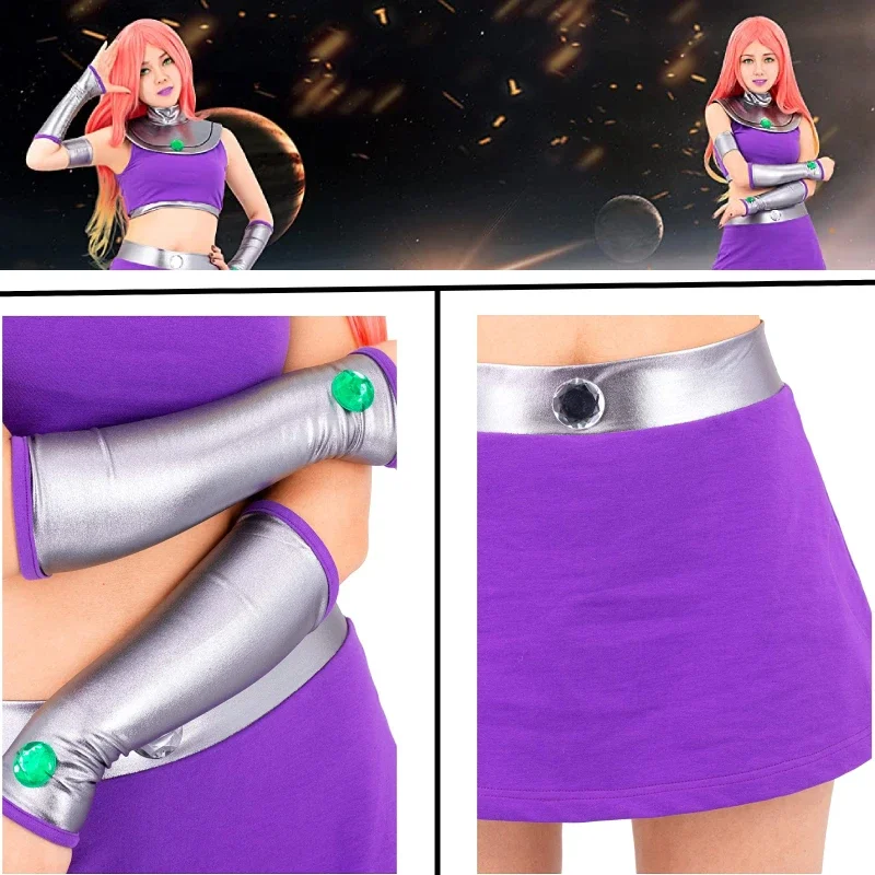 DAZCOS Teen Titans Superhero Starfire Koriand'r Cosplay Costume Skirt Purple Outfit with Stockings Halloween Costumes for Women