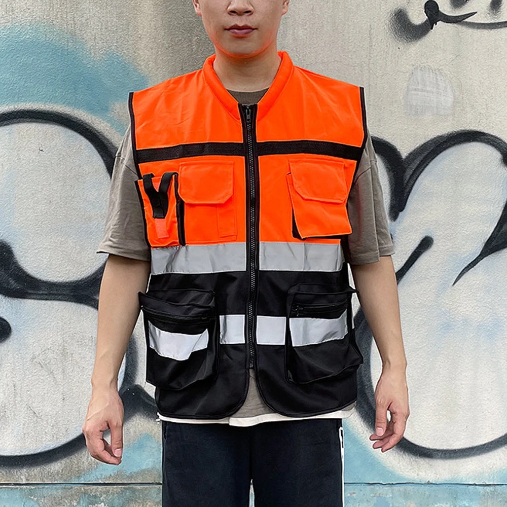 High Visibility Orange Safety Vest Multi Pockets Outdoor Construction Site Hi Vis Jacket Safety Work Clothes for Men Women