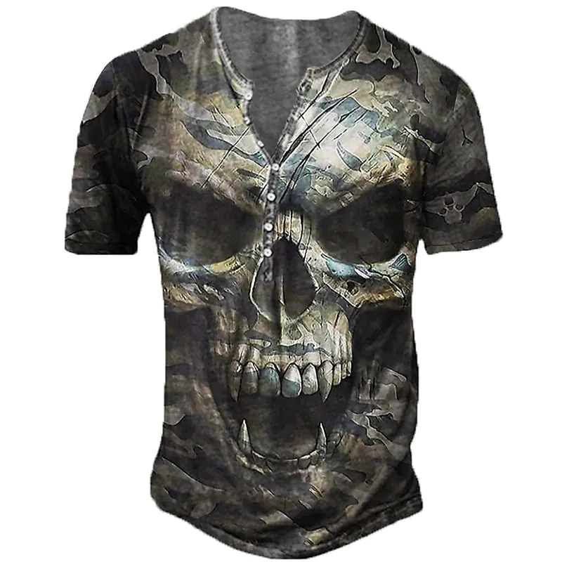 Vintage T-Shirt For Men Skull Graphic T Shirts Cotton 3D Print Henley Shirt Long Sleeve V-Neck Tees Oversized Male Clothing Tops