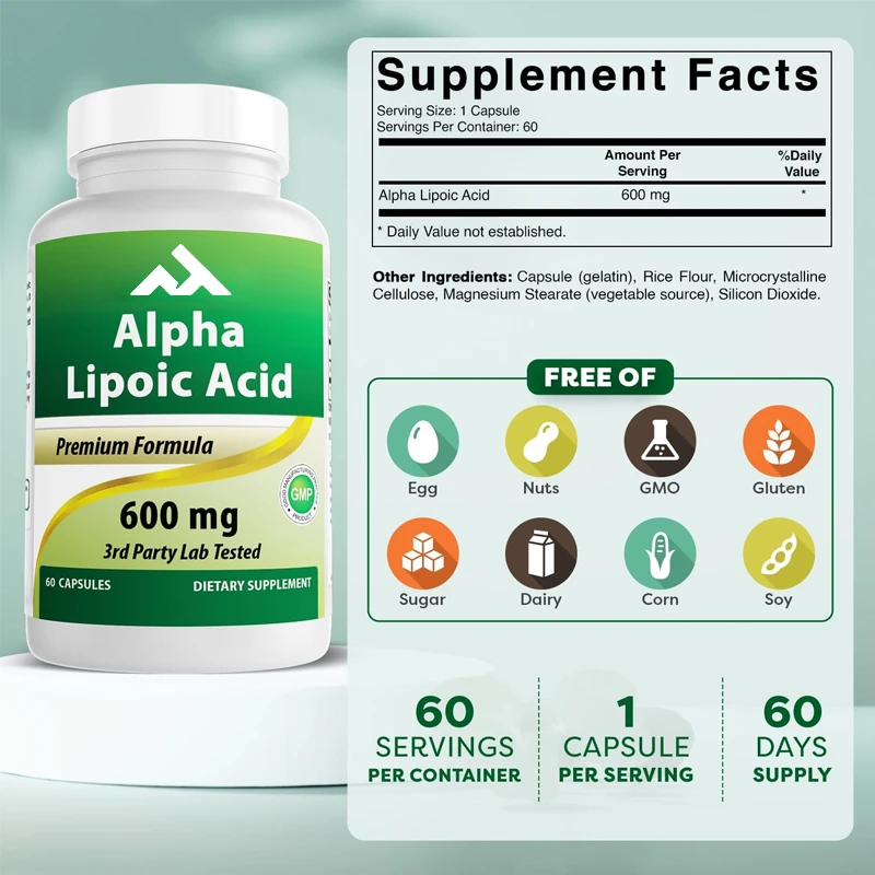 Alpha Lipoic Acid 600mg 60 Capsules - ALA Powerful Antioxidant - Sugar, Milk, Corn, Soy Free