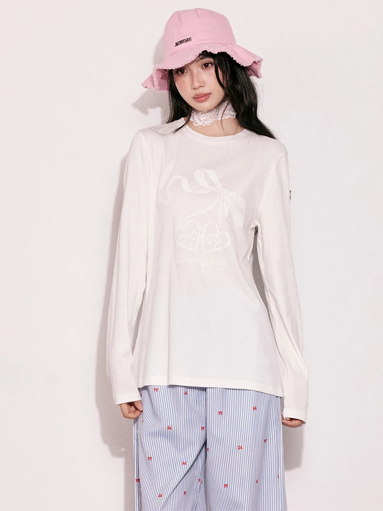 

Cream Kitten Knitted Long Sleeve Women's Summer Top Breathable Printed Knot Loose Fit Casual Style Micro Translucen...