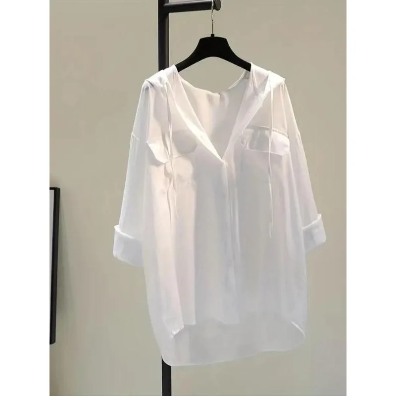 

Плюс размер 1XL-5XL, новая модная женская солнцезащитная рубашка с длинными рукавами и капюшоном, пальто для отдыха, тонкая солнцезащитная куртка с двойным карманом