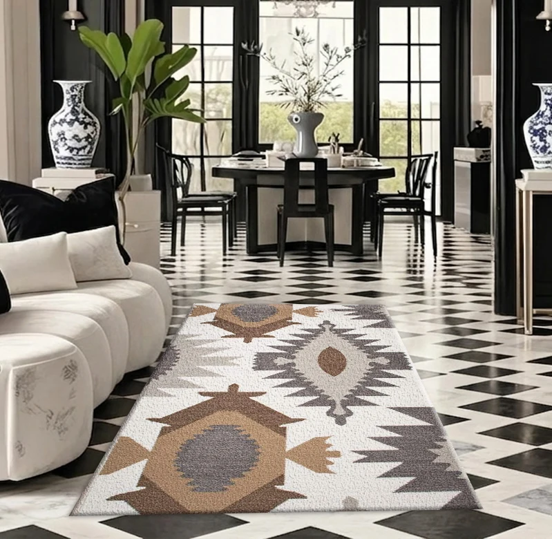 Bohemian Style Southwest Geometric Pattern Rug, Neutral Tribal Aztec Style Printed Square Rug, Suitable for Living Room Decoration