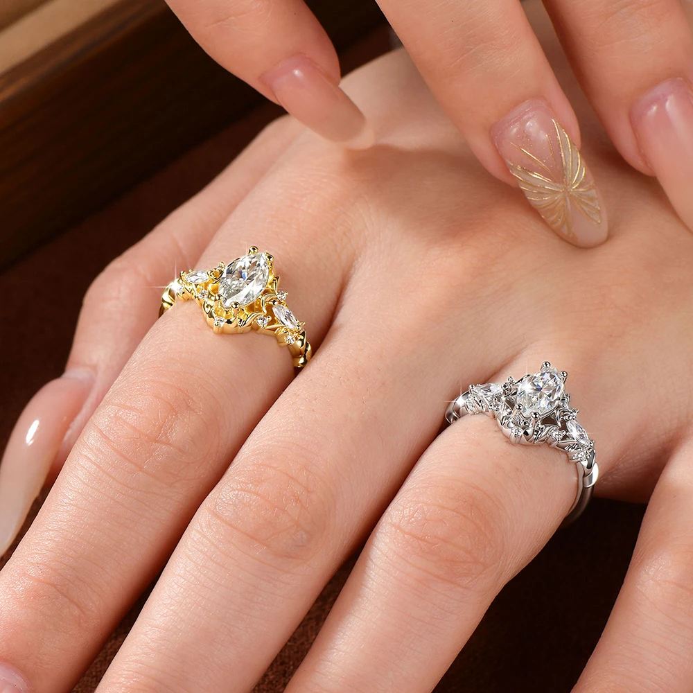 Celestinova 1.0ct 5x10mm D VVS1 Marquise Cut Moissanite Vintage Woodland Floral Vine Ring for Women Bridal Wedding Jewelry Gift