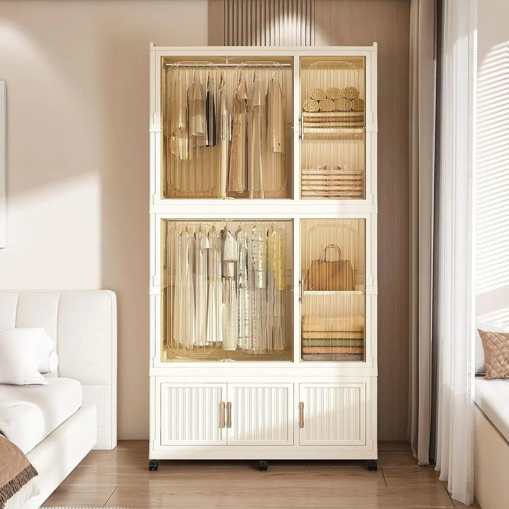 

Large Collapsible Kids Wardrobe Organizer with 7 Cubes and 2 Doors, Magnetic Wheels, 17.7D x 36.2W x 77.1H