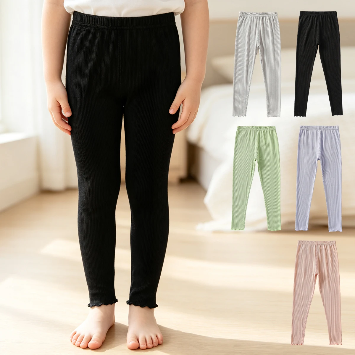 4/5-piece Set Of Girls' Four Season Style Solid Color Black Fungus Edge Slim Fit Leggings Sweet And Cute Casual Pants For Grls