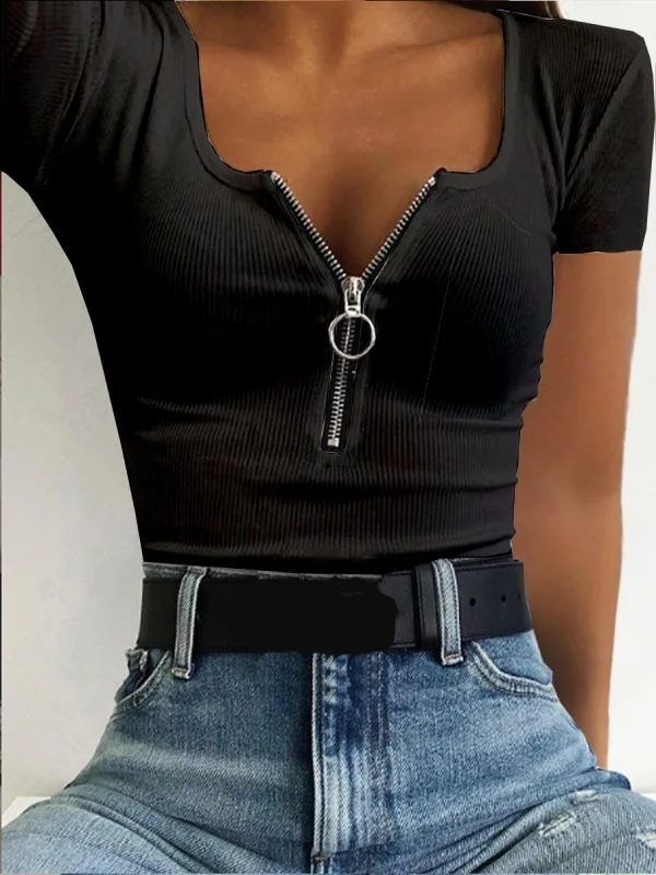 Spring and Summer Women's Fashion Casual Threaded Zipper Embellished Short Sleeve T-shirt Tops