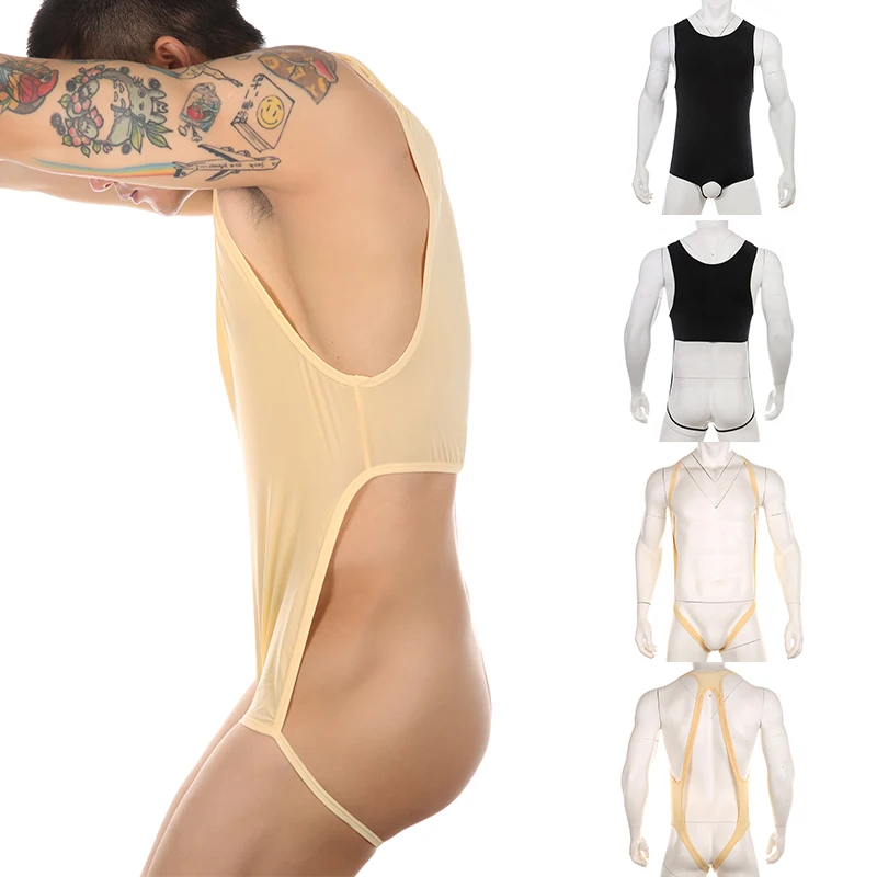 Men\'s Sexy Crotchless Bodysuit Open Butt Underwear Hollow Out Exotic Lingerie Backless Jumpsuit Fetish Costumes Underpants