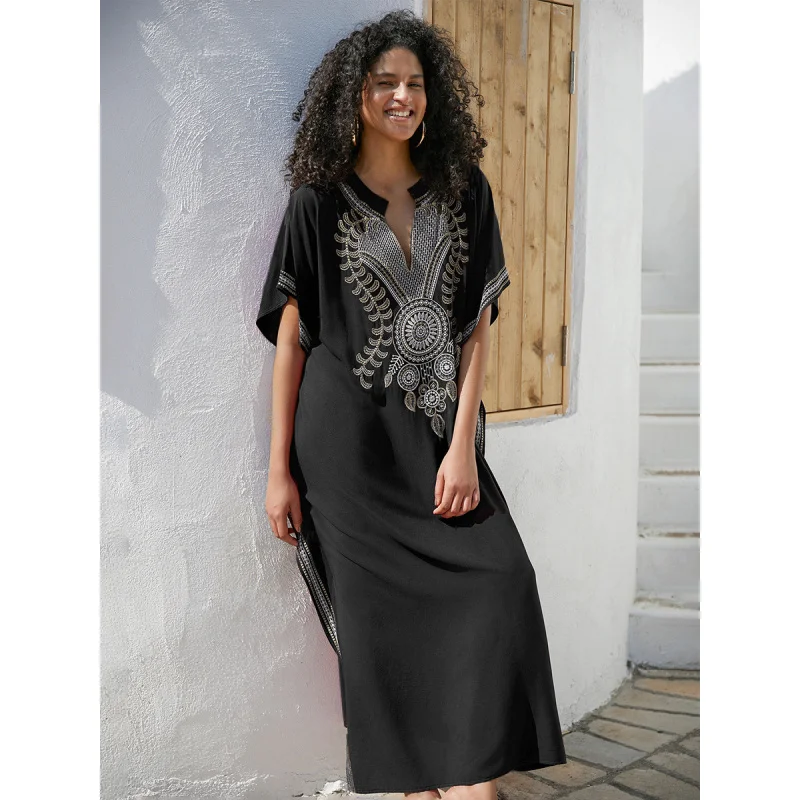 Swimsuit Cover Ups Embroidery V Neck Short Sleeve Swim Cover Up for Women Kaftan Dresses