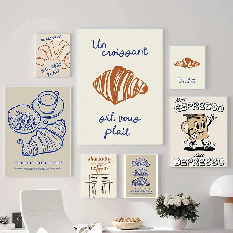 1PC frameless decorative art print,Fashionable Simple Italian Cuisine French Croissants Coffee Breakfast Poster Canvas Printed M
