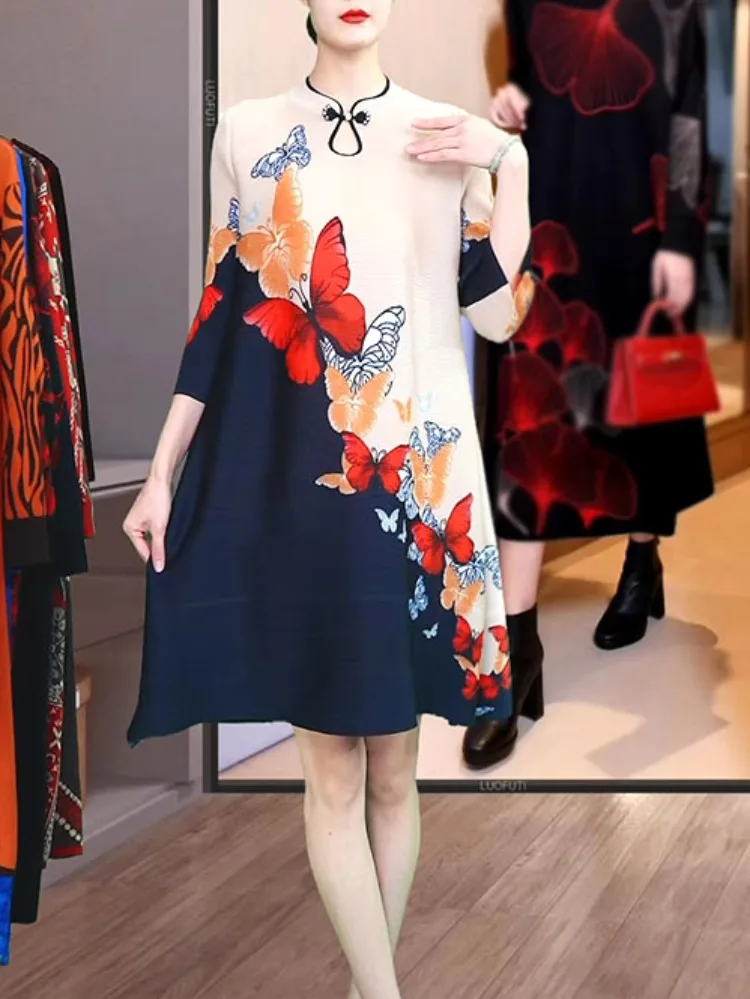 Spring fashion new fashionable print pleated temperament loose covering flesh high-end anti-aging and slimming dress