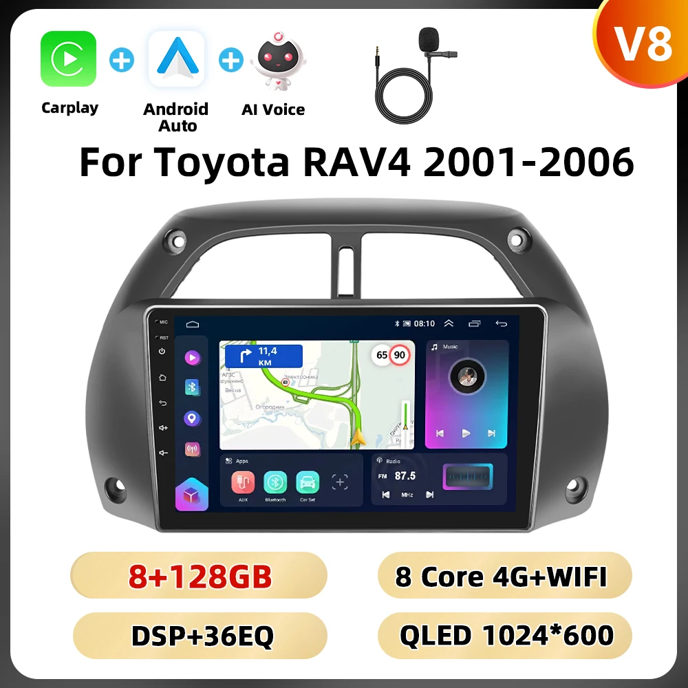 Podofo 8Core 2Din Autoradio Voor Toyota RAV4 2001-2006 Multimedia Speler WIFI 4G AI Voice BT Carplay Android Autoradio RDS