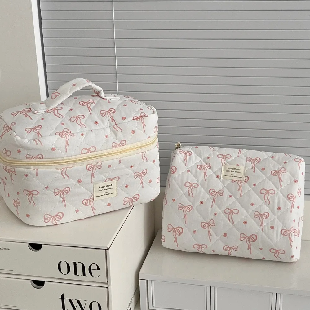 Fashion Korean Style Cosmetic Bag Zipper Multi-size Makeup Quilted Bag Plaid Pink Bow Handbag for Women Girls