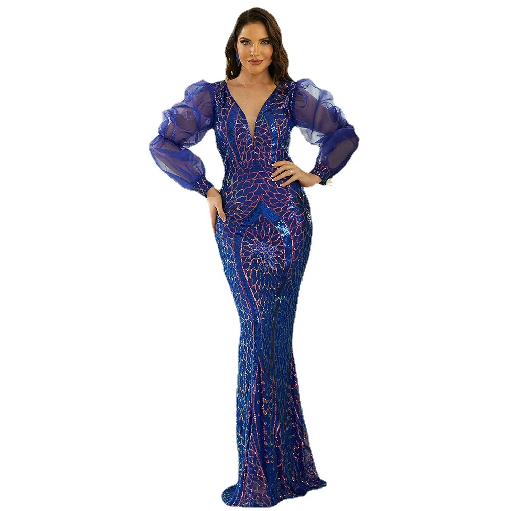 セクシーなロングスリーブVネックイブニングドレス、ロングイブニングガウン、メイド風ドレス、ハイウエストポリエステルボディコンドレス