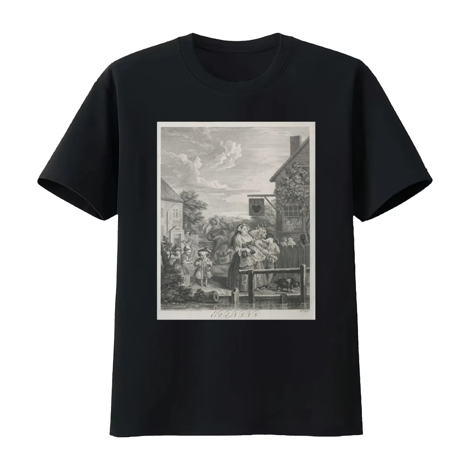 William Hogarth (1697-1764) - The Four Times of the Day (1738) - 'Evening' - engraving series T-Shirt Summer Casual Cotton Tee