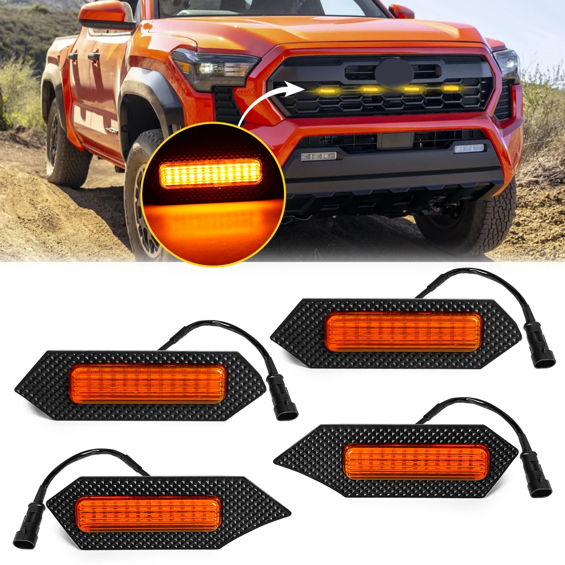 

4Pcs Car Front Grille Light For Toyota Tacoma TRD 2024 Amber LED Warning Light Daytime Running Lamp White Blue Red Headlight