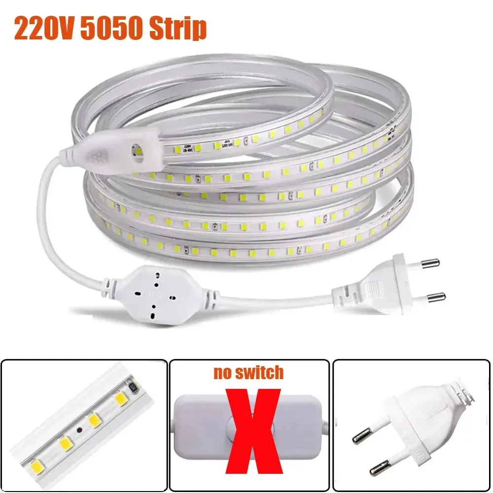 Pita Led putih luar ruangan anti air, lampu Strip Led 220V, kecerahan tinggi, pita Led Smd 5050 60Leds/M, pita colokan Eu untuk pencahayaan dapur, merah