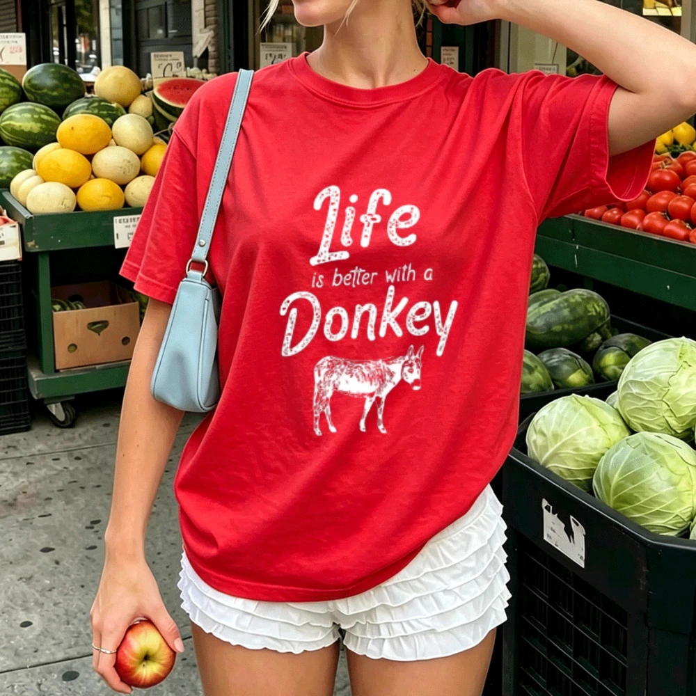 Life Is Better with A Donkey Graphic Cotton T‑Shirt Farm Animal Slogan Print O‑Neck Casual Country Farmhouse Streetwear Tops Tee