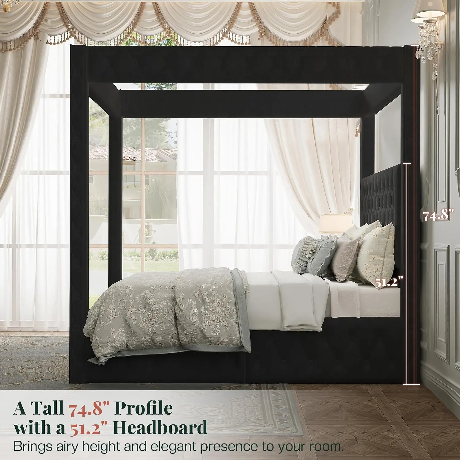 Queen Canopy Bed Frame Velvet Upholstered Headboard Black, Customized - view 5