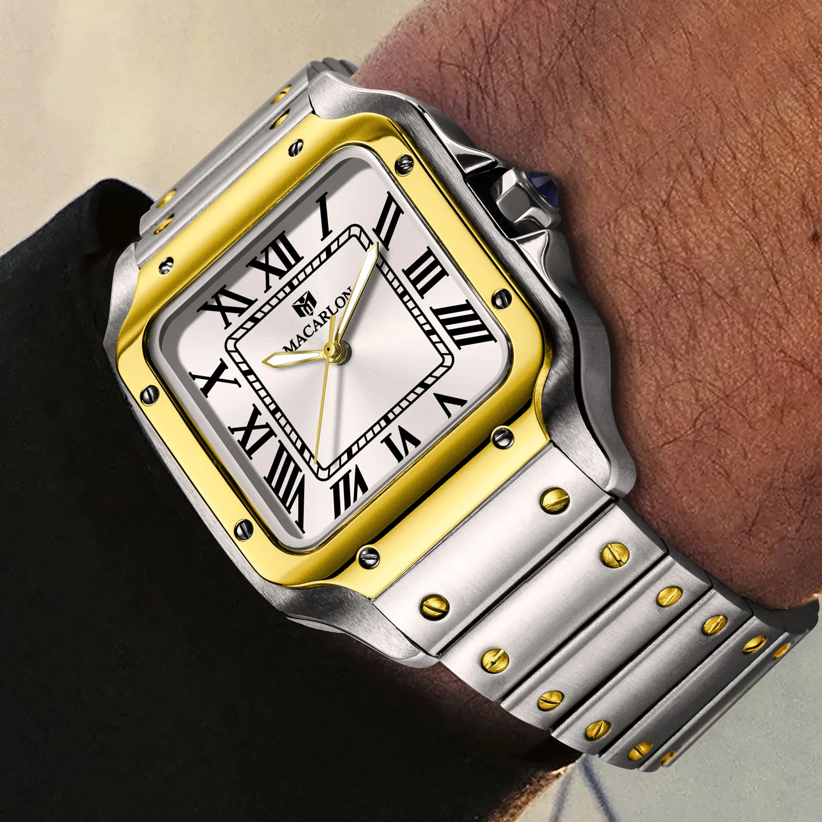 Luxury Watch China - MACARLON スクエア メンズ自動巻き腕時計 中国製NH35ムーブメント ゴールドステンレススチールストラップ ノーマーク
