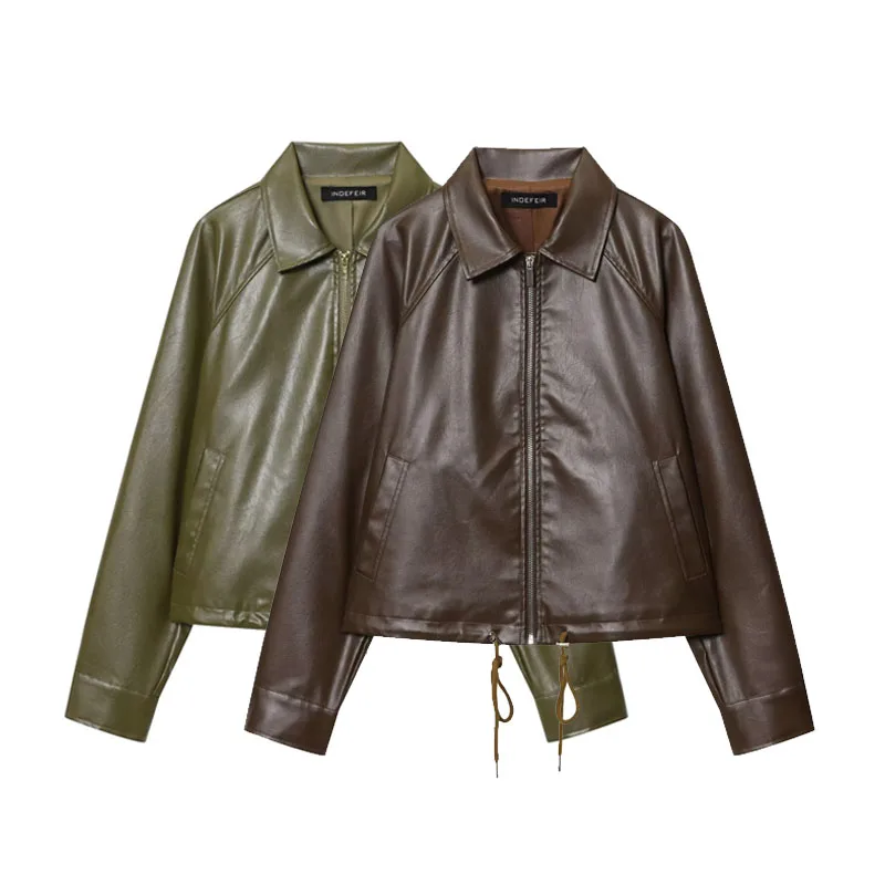 Faionable, chaqueta holgada de cuero PU con cremallera, cuello Dstring para mujer, prendas de vestir exteriores con tapa, calidez para todas las estaciones, hecha en China